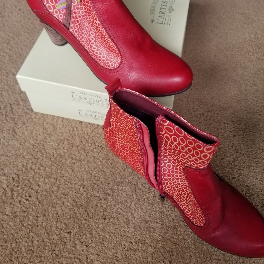 Red leather ankle boots